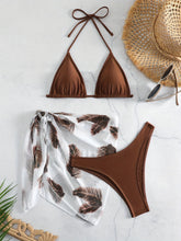 Load image into Gallery viewer, Feather Luxe 3-Piece Bikini Set – Exotic Feather Print Halter Neck Backless Swimsuit with High Cut Tie Back Bottoms and Wrap Cover-Up – Women’s High-Stretch Comfortable Swimwear for Summer Beach & Pool Vacations