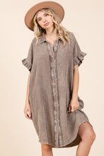 Load image into Gallery viewer, Mineral Wash Cotton Gauze Mini Shirt Dress For Women β Casual, Relaxed Fit with Charming Ruffle Sleeves and Practical Pockets