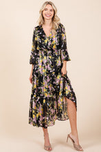 Load image into Gallery viewer, Flower Print Satin Lurex Stripe Smocked Midi Dress For Summer – Elegant and Sparkling Floral Dress with Tiered Design