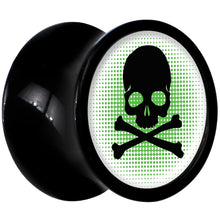 Load image into Gallery viewer, Black Acrylic Green Black Skull Saddle Plug Set 0G