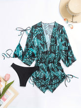 Load image into Gallery viewer, Island Bloom 3-Piece Bikini Set for Women – Tropical Leaf Print Fluttering Swimwear with Flattering Halter Neck Top High Waist Bottoms & Adjustable Drawstring Cover Up – Perfect for Koningsdag Celebrations & Summer Adventures