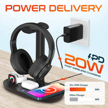 Load image into Gallery viewer, Delton HS1 3-in-1 Wireless Charging Station with Headphone Stand, Fast Charging Desk Charging Station, 15W Wireless Charger Stand for iPhones, iWatches, AirPods & Qi-enabled Devices - Black