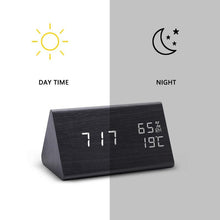 Load image into Gallery viewer, Digital Clock LED Wooden Alarm Clock Digital Alarm Clock with Wooden Electronic LED Time Display 3 Alarm Settings Humidity & Temperature Detect Wood Made Electric Clocks Table Sound Control Electronic Clocks Desktop USB/AAA Powered Home Table Decor