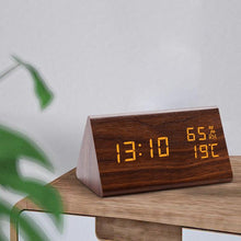 Load image into Gallery viewer, Digital Clock LED Wooden Alarm Clock Digital Alarm Clock with Wooden Electronic LED Time Display 3 Alarm Settings Humidity & Temperature Detect Wood Made Electric Clocks Table Sound Control Electronic Clocks Desktop USB/AAA Powered Home Table Decor