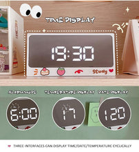 Load image into Gallery viewer, Digital Clock Table Clock Snooze Alarm Cute Silent Mirror Clock Student Desktop Mirror Surface LED Alarm Clock with USB Charger 12/24H Easy Snooze Function Adjustable Brightness Alarm Clocks for Bedroom LED Clock Electronic Clock for Children