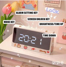 Load image into Gallery viewer, Digital Clock Table Clock Snooze Alarm Cute Silent Mirror Clock Student Desktop Mirror Surface LED Alarm Clock with USB Charger 12/24H Easy Snooze Function Adjustable Brightness Alarm Clocks for Bedroom LED Clock Electronic Clock for Children