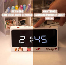 Load image into Gallery viewer, Digital Clock Table Clock Snooze Alarm Cute Silent Mirror Clock Student Desktop Mirror Surface LED Alarm Clock with USB Charger 12/24H Easy Snooze Function Adjustable Brightness Alarm Clocks for Bedroom LED Clock Electronic Clock for Children