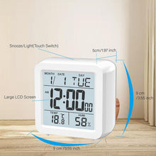 Load image into Gallery viewer, Digital Desktop LCD Snooze Calendar Alarm clock Digital Desktop Clock Electronic Digital Alarm Clocks for Bedroom Home Decor LCD Screen with Time/Calendar/Temperature Display White Bedroom Watch with Thermometer & Hygrometer for Home Battery Operated