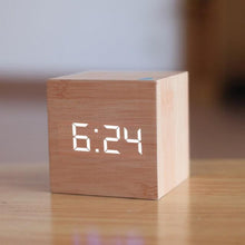 Load image into Gallery viewer, Digital Wooden LED Alarm Clock Wood Retro Glow Clock Digital Alarm Clock, with Wooden Electronic LED Time Display 3 Dual Plus Alarm Cubic Small Mini Wood Made Electric Clocks for Desktop Table Decor Voice Control Snooze Function Desk Tools