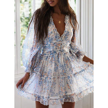 Load image into Gallery viewer, Dokotoo Womens Spring Summer Deep V Neck Ruffle Long Sleeve Floral Print Mini Dress