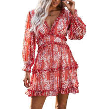 Load image into Gallery viewer, Dokotoo Womens Spring Summer Deep V Neck Ruffle Long Sleeve Floral Print Mini Dress