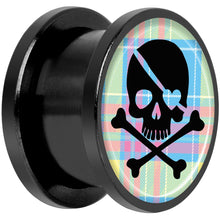 Load image into Gallery viewer, Pink Green Plaid Heart Skull Black Anodized Screw Fit Plug Set 9/16