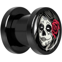 Load image into Gallery viewer, Katrina Sugar Skull Rose Flower Black Anodized Screw Fit Plug Set 0G