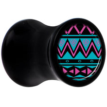 Load image into Gallery viewer, Black Acrylic Pink Teal Tribal Print Saddle Plug Set 2G