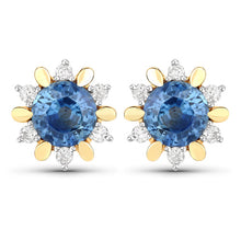 Load image into Gallery viewer, 1.87 Carat Genuine Blue Sapphire and White Diamond 14K Yellow Gold Earrings