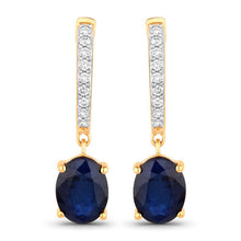 Load image into Gallery viewer, 3.24 Carat Genuine Blue Sapphire and White Diamond 14K Yellow Gold Earrings
