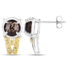Load image into Gallery viewer, 3.75 Carat Genuine Smoky Quartz, Yellow Diamond and White Diamond .925 Sterling Silver Earrings