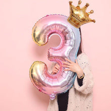 Load image into Gallery viewer, Luxury Gradient Modern 32inch Rainbow number Foil Balloons For Birthday party Decorations Kids Rose Ballons With Crown From 0-9 Numbers