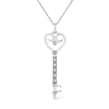Load image into Gallery viewer, .925 Sterling Silver Pave and Bezel-Set Diamond Accent Key 18" Heart and Lock Pendant Necklace (K-L Color, I1-I2 Clarity)