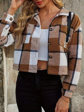 Load image into Gallery viewer, Women Brown Plaid Collared Neck Cropped Jacket Trendy & Versatile Outerwear