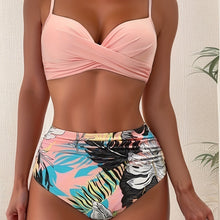 Load image into Gallery viewer, Tropical Vibe High Waist Bikini Set – Flirty V-Neck Swimsuit with Layered Colorblock High Cut Bottom Crisscross Strap Detail & Ultra-Stretch Comfort – Women's Two Piece Swimwear for Summer Beach Pool & Vacation Fun