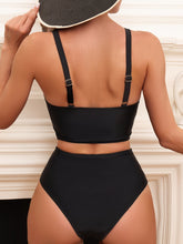 Load image into Gallery viewer, Bikini Solid Black Twist Front High Waist 2 Piece Swimsuit for Women – Stretchy V Neck Bikini Set with Ruched Tummy Control and Cross Strape Detail – Quick Drying Polyamide Swimwear for Beachwear Poolside and Summer Travel