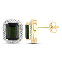 Load image into Gallery viewer, 3.57 Carat Genuine Green Tourmaline and White Diamond 14K Yellow Gold Earrings