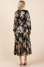 Load image into Gallery viewer, Flower Print Satin Lurex Stripe Smocked Midi Dress For Summer – Elegant and Sparkling Floral Dress with Tiered Design