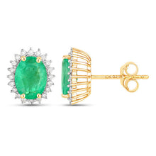 Load image into Gallery viewer, 2.66 Carat Genuine Zambian Emerald and White Diamond 10K Yellow Gold Earrings