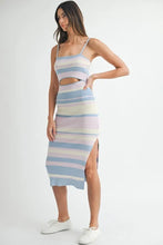 Load image into Gallery viewer, Multi Color Striped Front Cutout Knit Midi Dress For Women β Vibrant Striped Bodycon Dress, Cutout Knit Dress, Stylish Summer Midi Dress, Trendy Statement Dress