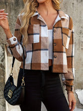 Load image into Gallery viewer, Women Brown Plaid Collared Neck Cropped Jacket Trendy & Versatile Outerwear