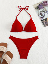 Load image into Gallery viewer, Bikini Rib Knit Solid Color Triangle 2 Piece Swimsuit for Women – Adjustable Tie Back Halter Bikini Set with Spaghetti Straps – High Stretch Polyester Swimwear for Summer Beachwear Poolside Relaxation and Tropical Vacation