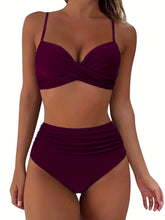 Load image into Gallery viewer, Tropical Vibe High Waist Bikini Set – Flirty V-Neck Swimsuit with Layered Colorblock High Cut Bottom Crisscross Strap Detail & Ultra-Stretch Comfort – Women's Two Piece Swimwear for Summer Beach Pool & Vacation Fun