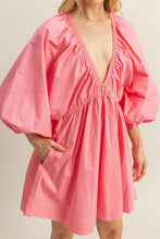Load image into Gallery viewer, Plunge Balloon Sleeve Poplin Mini Dress with Pockets –Bold, Chic, Sexy and Trendy Plunge Neckline Dress with Balloon Sleeves and Functional Pockets