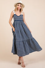Load image into Gallery viewer, Geometric Embroidered Smocked Tie Shoulder Midi Dress For Women – Fluttering, Trendy and Chic Embroidered Midi Dress with Tie Shoulders