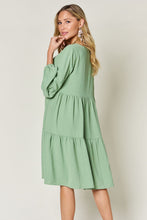 Load image into Gallery viewer, Light Green Double Take Full Size V-Neck Sleeve Tiered Dress with Pockets Elegant & Comfortable Casual Dress