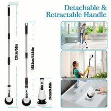 Load image into Gallery viewer, Electric Rotary Scrubber with Replaceable 8 Brush Heads and Adjustable Extension Handle