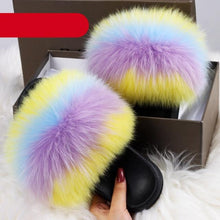 Load image into Gallery viewer, Elegant Indoor Fur Slippers For Women Fur Slides Flip Flops Beach Plush Fluffy Furry Slippers Furry Fuzzy Slides Open Toe Fluffy Slides Fox Fur Feather Sandals Fur Slip On Shoes For Women