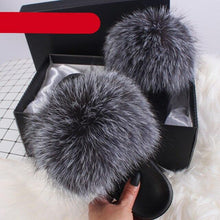 Load image into Gallery viewer, Elegant Indoor Fur Slippers For Women Fur Slides Flip Flops Beach Plush Fluffy Furry Slippers Furry Fuzzy Slides Open Toe Fluffy Slides Fox Fur Feather Sandals Fur Slip On Shoes For Women