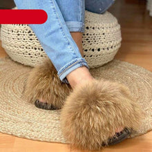 Load image into Gallery viewer, Elegant Indoor Fur Slippers For Women Fur Slides Flip Flops Beach Plush Fluffy Furry Slippers Furry Fuzzy Slides Open Toe Fluffy Slides Fox Fur Feather Sandals Fur Slip On Shoes For Women