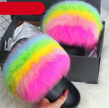 Load image into Gallery viewer, Elegant Indoor Fur Slippers For Women Fur Slides Flip Flops Beach Plush Fluffy Furry Slippers Furry Fuzzy Slides Open Toe Fluffy Slides Fox Fur Feather Sandals Fur Slip On Shoes For Women