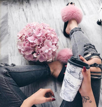 Load image into Gallery viewer, Elegant Indoor Fur Slippers For Women Fur Slides Flip Flops Beach Plush Fluffy Furry Slippers Furry Fuzzy Slides Open Toe Fluffy Slides Fox Fur Feather Sandals Fur Slip On Shoes For Women