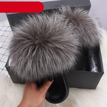 Load image into Gallery viewer, Elegant Indoor Fur Slippers For Women Fur Slides Flip Flops Beach Plush Fluffy Furry Slippers Furry Fuzzy Slides Open Toe Fluffy Slides Fox Fur Feather Sandals Fur Slip On Shoes For Women