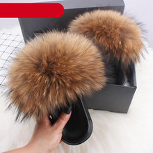 Load image into Gallery viewer, Elegant Indoor Fur Slippers For Women Fur Slides Flip Flops Beach Plush Fluffy Furry Slippers Furry Fuzzy Slides Open Toe Fluffy Slides Fox Fur Feather Sandals Fur Slip On Shoes For Women