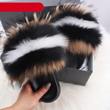 Load image into Gallery viewer, Elegant Indoor Fur Slippers For Women Fur Slides Flip Flops Beach Plush Fluffy Furry Slippers Furry Fuzzy Slides Open Toe Fluffy Slides Fox Fur Feather Sandals Fur Slip On Shoes For Women