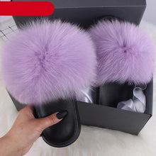 Load image into Gallery viewer, Elegant Indoor Fur Slippers For Women Fur Slides Flip Flops Beach Plush Fluffy Furry Slippers Furry Fuzzy Slides Open Toe Fluffy Slides Fox Fur Feather Sandals Fur Slip On Shoes For Women