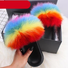 Load image into Gallery viewer, Elegant Indoor Fur Slippers For Women Fur Slides Flip Flops Beach Plush Fluffy Furry Slippers Furry Fuzzy Slides Open Toe Fluffy Slides Fox Fur Feather Sandals Fur Slip On Shoes For Women