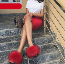 Load image into Gallery viewer, Elegant Indoor Fur Slippers For Women Fur Slides Flip Flops Beach Plush Fluffy Furry Slippers Furry Fuzzy Slides Open Toe Fluffy Slides Fox Fur Feather Sandals Fur Slip On Shoes For Women