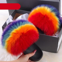 Load image into Gallery viewer, Elegant Indoor Fur Slippers For Women Fur Slides Flip Flops Beach Plush Fluffy Furry Slippers Furry Fuzzy Slides Open Toe Fluffy Slides Fox Fur Feather Sandals Fur Slip On Shoes For Women