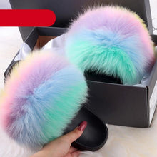 Load image into Gallery viewer, Elegant Indoor Fur Slippers For Women Fur Slides Flip Flops Beach Plush Fluffy Furry Slippers Furry Fuzzy Slides Open Toe Fluffy Slides Fox Fur Feather Sandals Fur Slip On Shoes For Women